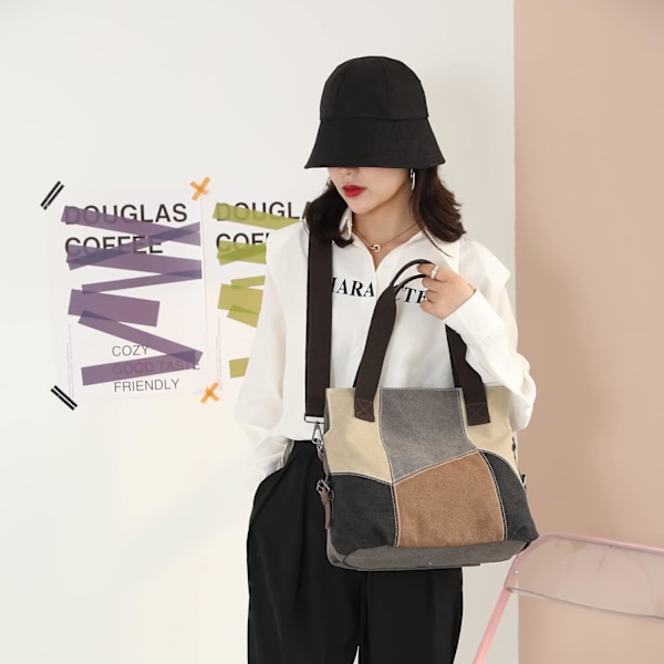 Damväska i canvas, casual väska, retro canvasväska, shoppingväska, casual, retro grey