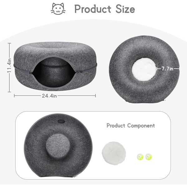 20x20x8 tommers liten kattetunnel seng komfortabel vaskbar avtakbar donutformet kjæledyrseng Dark grey