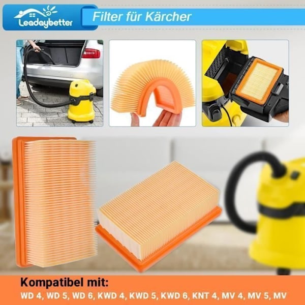 ®RisingFF 2 kpl Litteät laskostetut suodattimet Kärcher WD4/WD5/WD6 /MV4/MV5/MV6/WD4P/WD5P/WD6P -imureille, korvaava suodatin