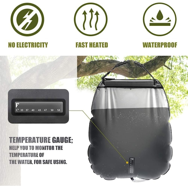 20L Solarduschpåse, Campingduschpåse Solvärmd Vattenpåse Bärbar Campingduschpåse Klippklättring Utedusch med Slang och Duschmunstycke black