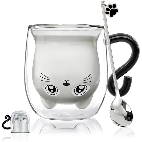 Bjørnekop Søde krus til kvinder Glas Dobbeltvægget isolerede glas Espresso kop, Kaffe kop, Tekop, Mælkekop, Bedste gave Black Cat