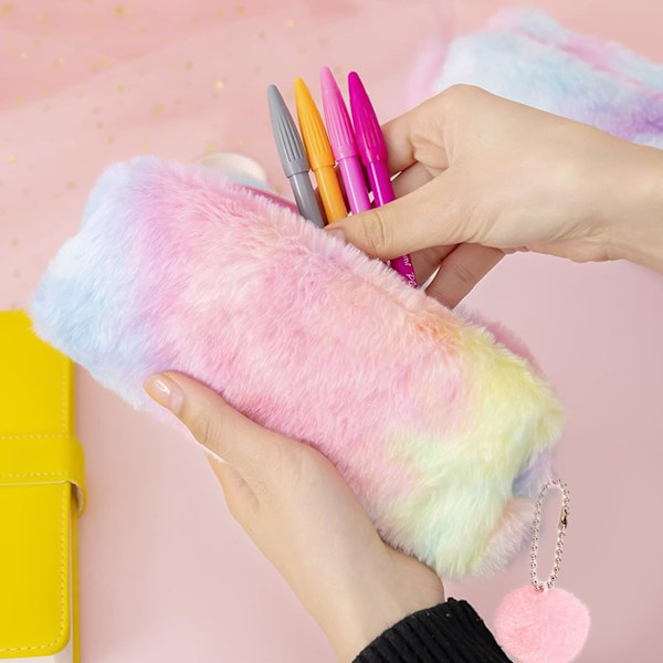 2 Plys Blyantsholdere, Sød Regnbue Blyantsholder, Stor Kapacitet Opbevaringspose til Skriveartikler, Børne Plys Penneholder (Pink, Lilla)