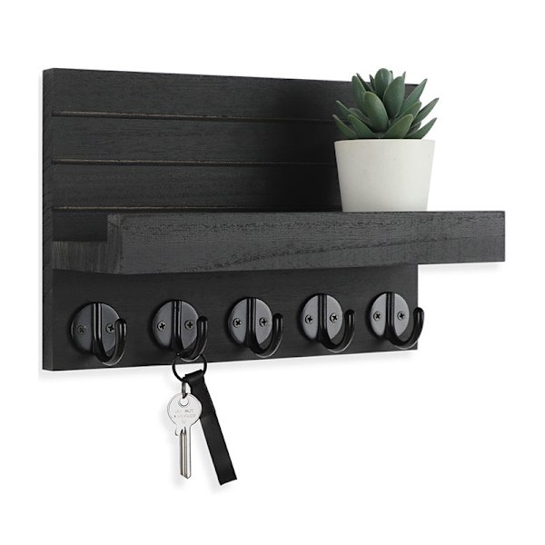 Nøgleholder til væg, dekorativ nøgle- og postholder med hylde, der har store nøglekroge til håndtasker, frakker, paraplyer, Paulownia-træ nøgleholder med black