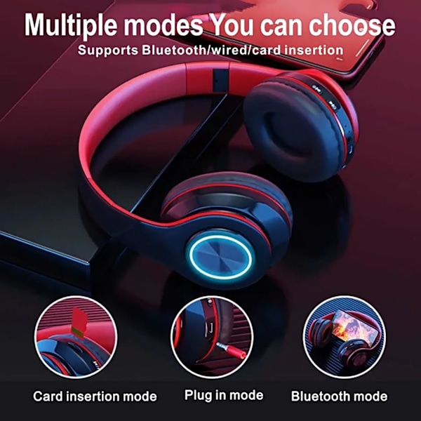 Langattomat Bluetooth-kuulokkeet - Värikkäät valot / Kokoontaitettavat / Suuri akkukapasiteetti / Sisäänrakennettu mikrofoni - Bluetooth 5.0 / 13 m kantama / (musta-punainen1) Black