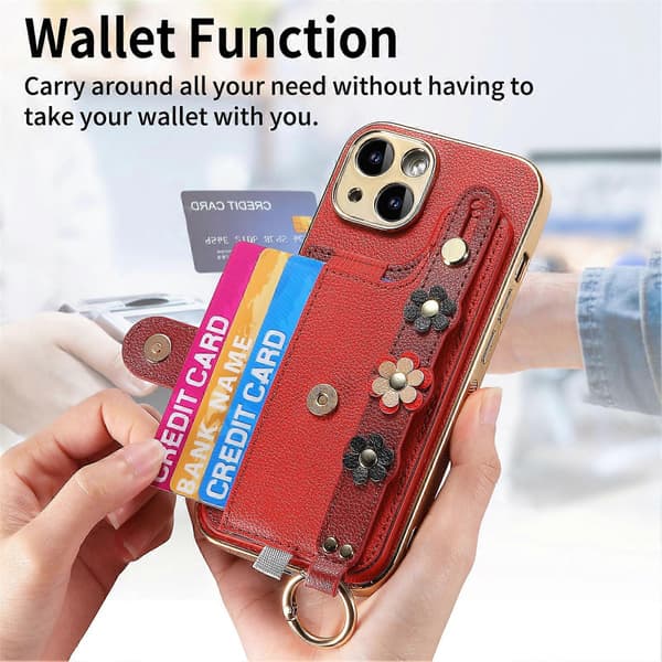 För iPhone 15 Skal Läder + TPU 3D Blomma Estetiskt Telefonskydd Kortfack