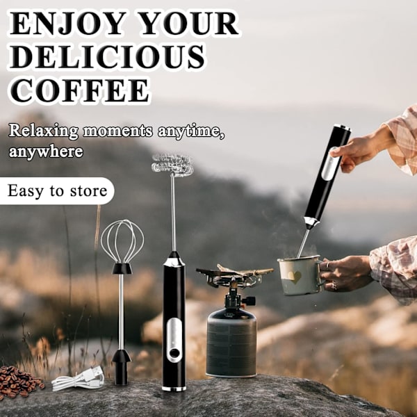 Elektrisk Dobbel Visp Melkeskummer Håndholdt, 3 Hastigheter Justerbar Elektrisk Visp Skummaker Avtakbar for Kaffe. black