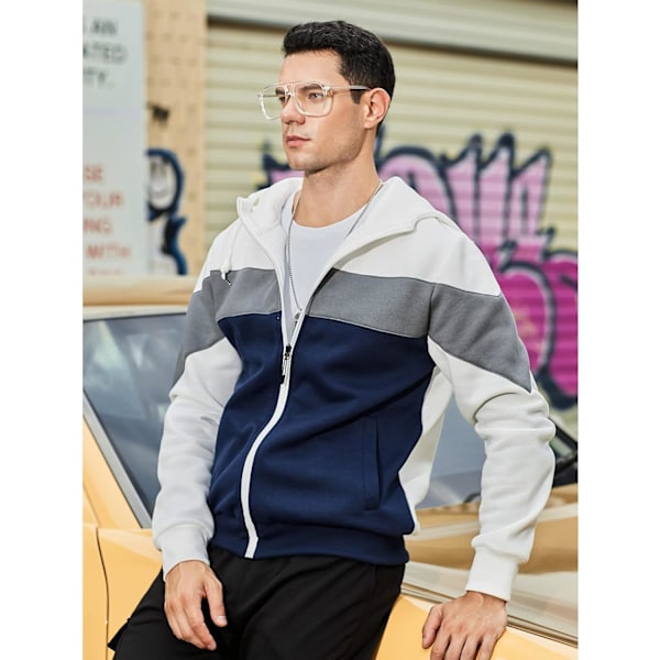 Herre fleece hettegenser pullover casual hettegenser kontrastfarge topp med kanga-lomme White S