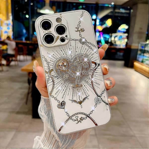 For iPhone 16 Pro Max Deksel Stativ TPU+PC Rhinestones Dekor Telefondeksel - Hvit