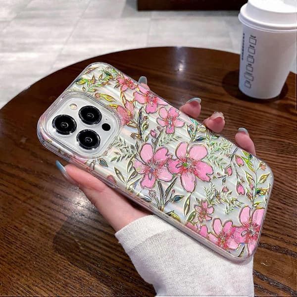 För iPhone 15 Pro Mobilskal TPU+PC Skyddande Skal Glitterpulver Röd Blommönsterdesign