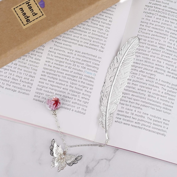 Metal Fjer Bogmærke, med 3D Sommerfugl og Glasperler Tørret Blomst Vedhæng, Ideel Gave Plumas de plata flor rojo
