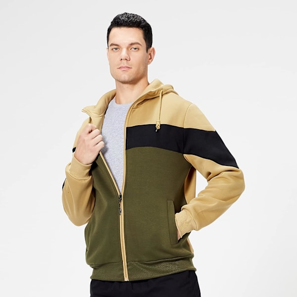 Herre fleece hettegenser pullover casual hettegenser kontrastfarge topp med kanga-lomme Khaki M