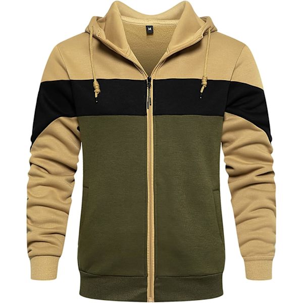 Herre fleece hettegenser pullover casual hettegenser kontrastfarge topp med kanga-lomme Khaki M