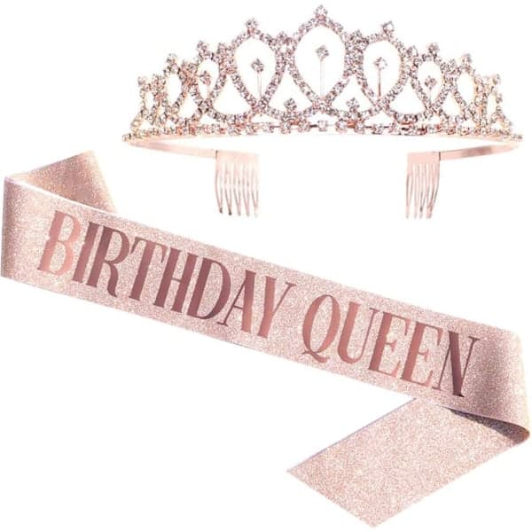 Fødselsdagsdronning Sash & Rhinestone Tiara - Rose Gold Bursdag