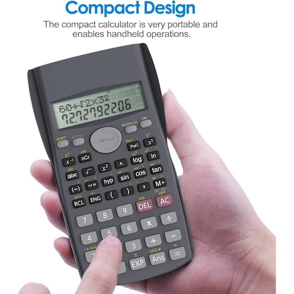 2-linjers ingeniørvitenskapelig kalkulator, egnet for skole og næringsliv (svart)