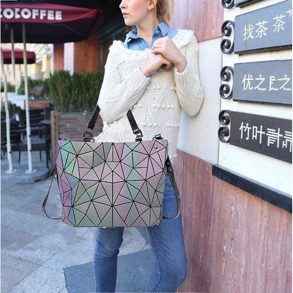 Kvinnor Geometrisk Självlysande Läder Handväskor Dam Axelväska Holografisk Regnbåge Crossbody Väska Elegant Tote För Kvinnor Dam