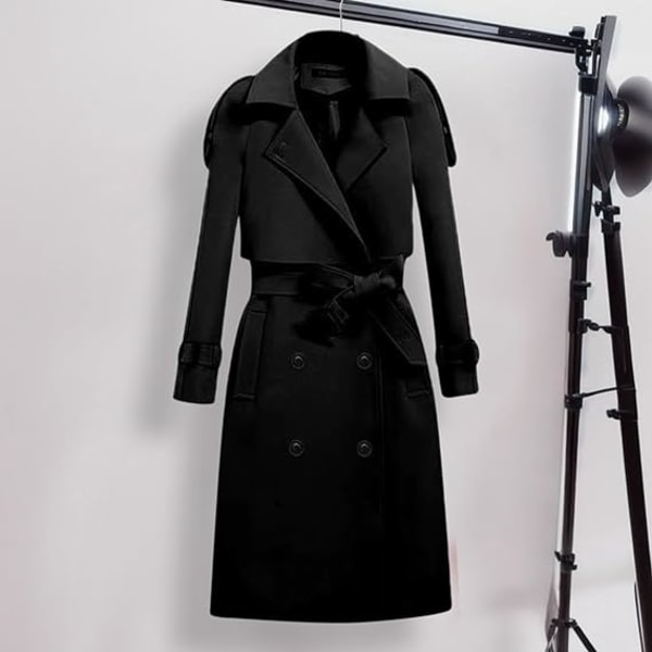 Musta naisten pitkä trenssitakki Korkeavyötäröinen Naisten pitkä takki /L black L