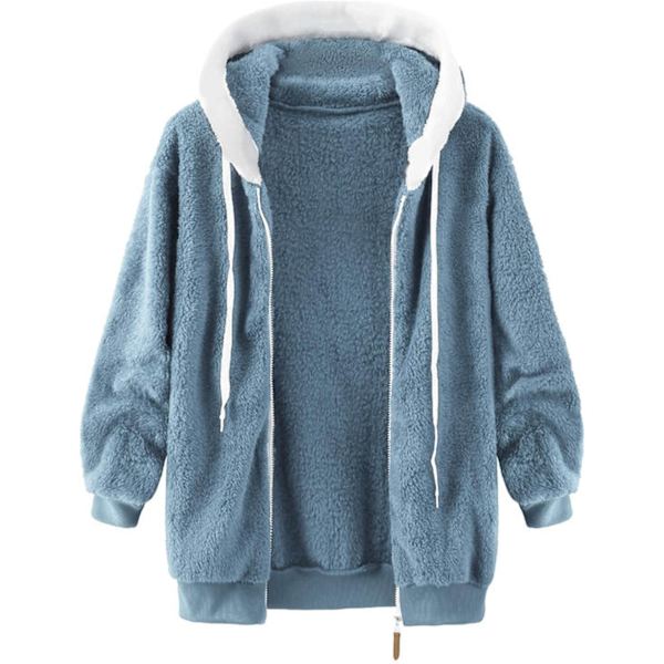 Hættejakke til kvinder, Teddy Fleece-frakke, Overgangsjakke med hætte og lommer, lynlås, efterår, vinter, plysjakke, fleecejakke, vinter 4XL A Blue