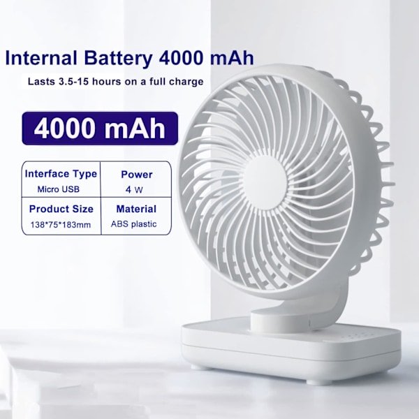 Bordventilator 4 Hastigheder Støjsvag 90° Variabel Mini Bordventilator USB Genopladelig Perfekt til Soveværelse (Hvid)
