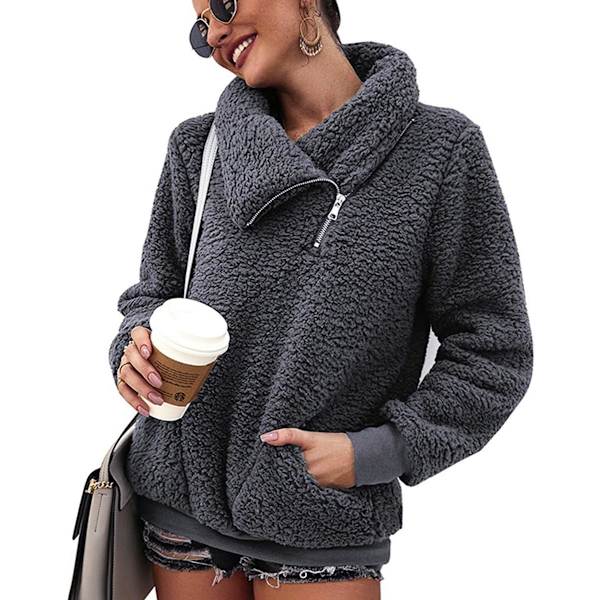 Naisten fleece-takki, vartsi vetoketjullinen collegepaita, lämmin ja joustava takki talveen ja syksyyn Gris Oscuro L