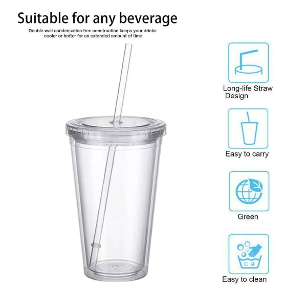 Återanvändbara plastkoppar Dubbelväggig transparent drickskopp med sugrör Återanvändbara koppar Lämplig för fruktjuice