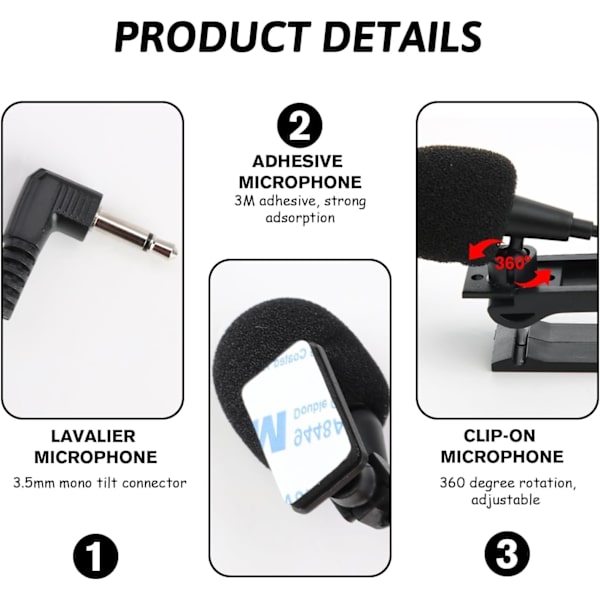 Ekstern bilmikrofon med 3,5/2,5 mm jack, bærbar lim for bil-DVD-stereospillere og Bluetooth, 3 meter kabel, plug and play