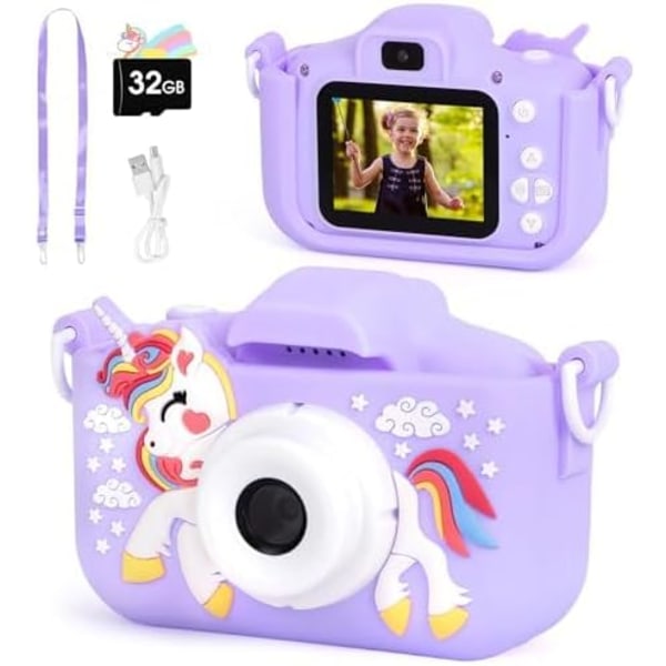 Barnekamera, 1080P HD 2.0 tommers skjerm Barne Digitalkamera med 32GB SD-kort, Bærbart Digitalt Videokamera for Barn med Silikondeksel