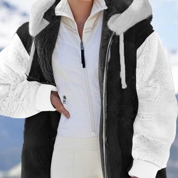 Hættejakke til kvinder, Teddy Fleece-frakke, Overgangsjakke med hætte og lommer, lynlås, efterår, vinter, plysjakke, fleecejakke, vinter 4XL E Black