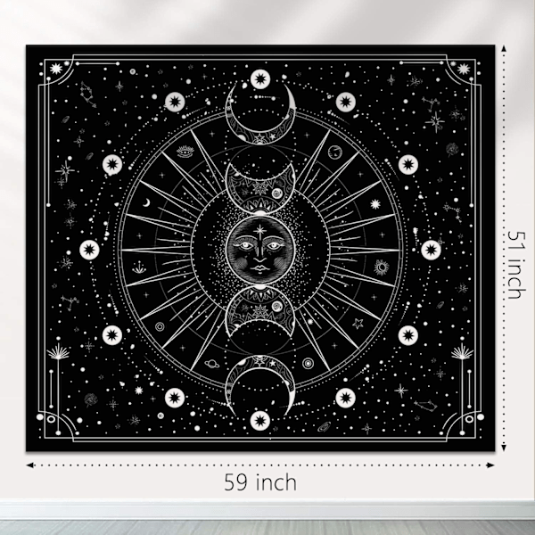 Vægtæppe til væg, psykedelisk design med sol, måne, stjerner og rum (51,2 x 59,1 tommer, 130 x 150 cm) 130 x 150 cm