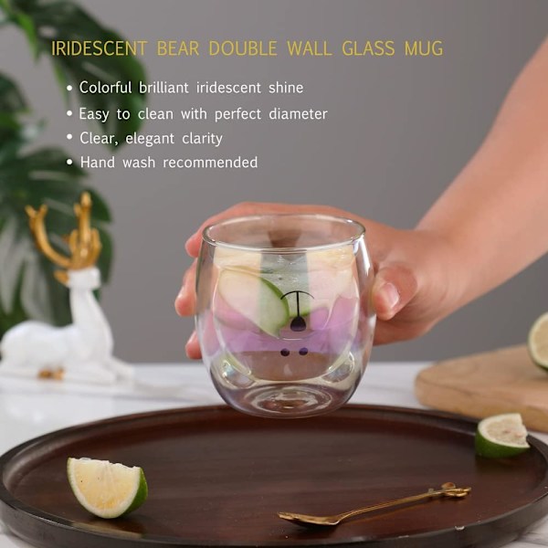 Bjørnekop Søde krus til kvinder Glas Dobbeltvægget isolerede glas Espresso kop, Kaffe kop, Tekop, Mælkekop, Bedste gave Iridescent Bear