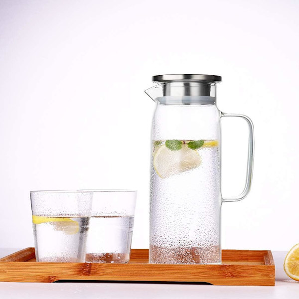 Borosilikatglass Vannkanne Saftmugge Karaffel med Lokbørste for Varm/Kaldt Vann Iste 1000ml