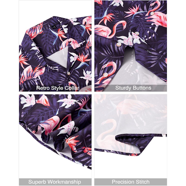 Herresæt med Hawaii-skjorte og shorts - Regular Fit - Kortærmet - Casual Funky Strand Flamingo Skjorte Sæt M Purple Flamingo Leaf