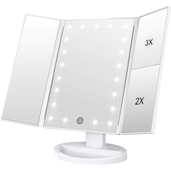 Makeup Spejl med 21 Naturlige LED Lys, 3X/2X Forstørrelse, Batterier/USB Dobbelt Strømforsyning Belyste Kosmetikspejle (Hvid) White