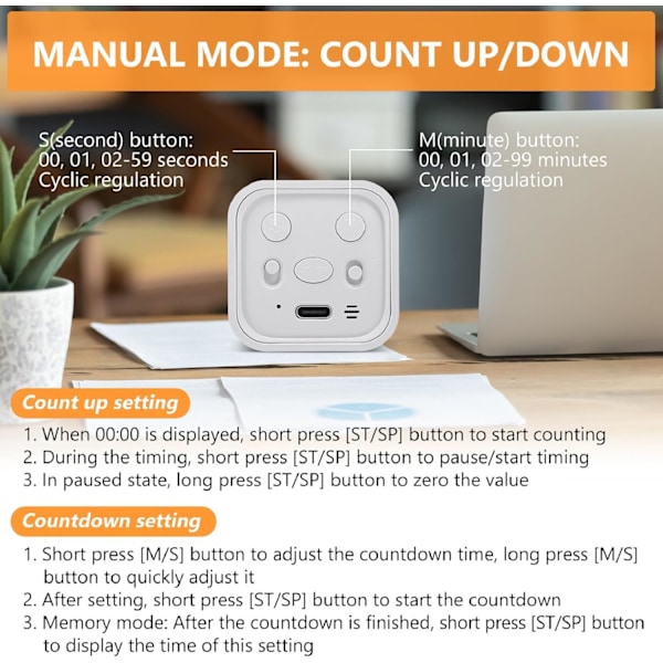 Kube Timer, Roterende Pomodoro Timer, 5/10/30/60 Minutter og Egendefinert Nedtelling, Digital Timer med Vibrasjon White