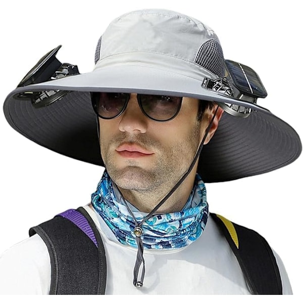 Bredbrättad Solhatt för Utomhusbruk med 2 Solfläktar, Solhatt för Män och Kvinnor UPF 50+, Fiske- & Strandhatt med Inbyggd Fläkt Z-light Grey