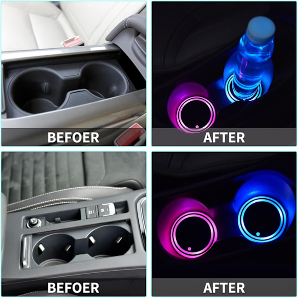 2 kpl LED-auton juomatelineen alusia, 7 värin valoisa auton mukitelineen alunen, USB-lataus, sopii auton lisävarusteeksi naisille ja miehille
