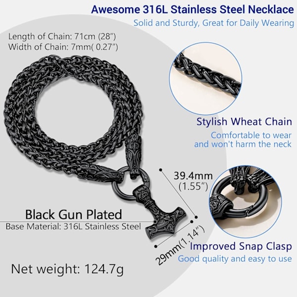 Thor Mjolnir Hammer Vedhæng Charm, Nordisk Viking Økse med Pigkæde, Rustfrit Stål 04. Negro