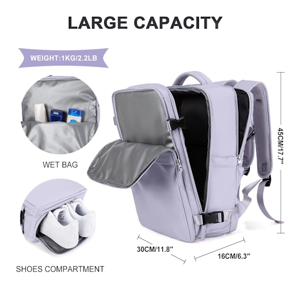 Kabinbagage 45x30x16 Undersätesryggsäck för Flygplan Handbagage Undersätesväska Kabinväska Ryggsäck Laptopväska Dam Resväska med Skofack, A