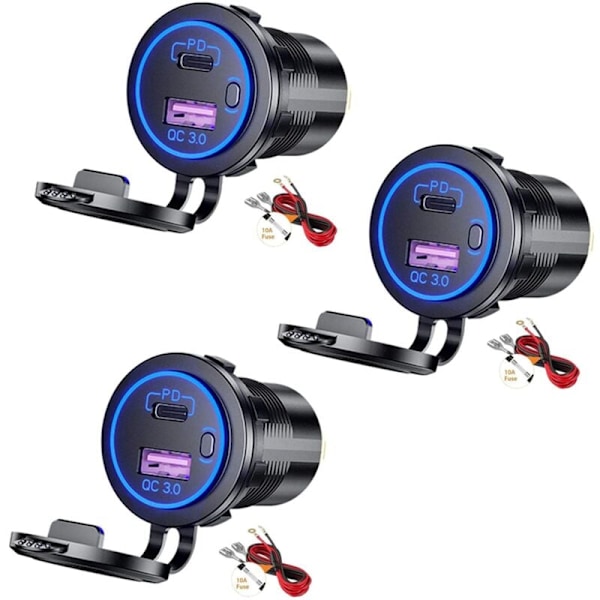 3X USB PD Billader for Bil Type C og QC 3.0 12V Uttak med På/Av-knapp for Motorsykkel RV ATV, Blå