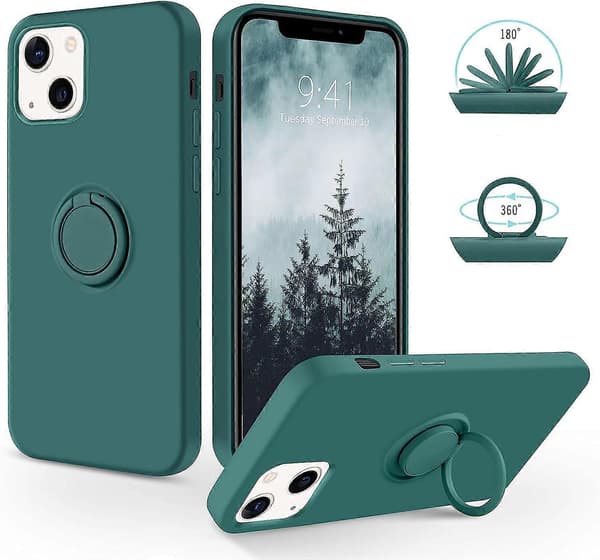 For iPhone 13 Deksel Silikongel 360 Ringholder Telefondeksel - Midnattsgrønn