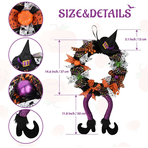 Halloween-koristeet, Halloween-seppele, 61 cm Halloween-seppele etuoveen, noidan jalka -seppele etuoven ikkunan takan koristeluun sisä- ja ulkokäyttöön