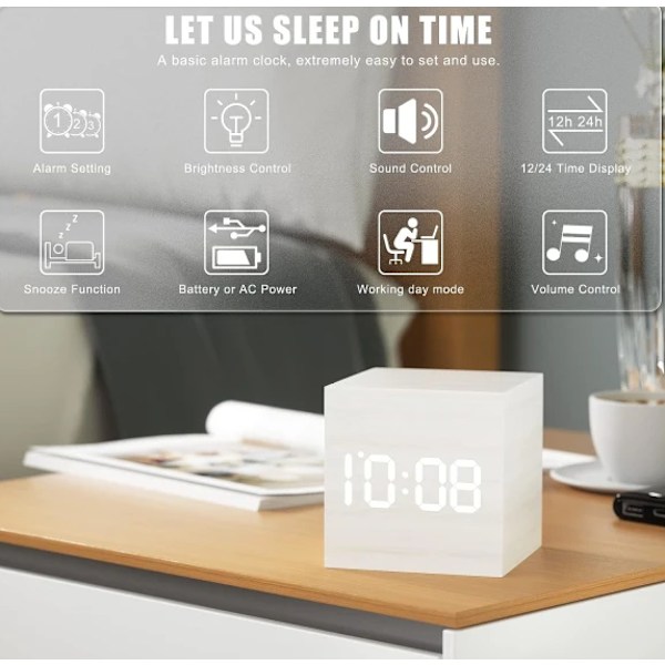 Digitalt vækkeur i træ med LED-lys, multifunktionelt, moderne terningdisplay, dato, temperatur, velegnet til rejser, hjem og kontor (hvid)