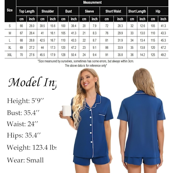 Dam Pyjamas Set Kortärmad Nattkläder Dam Knapp Ned Nattkläder PJ Set med Ficka XXL Navy