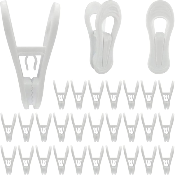Paket med 30 klädhängare, mångsidiga klämmor för galgar, vita plastklädhängare, klämmor
