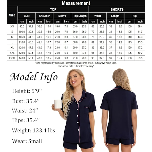 Dam Pyjamas Set Kortärmad Nattkläder Dam Knapp Ned Nattkläder PJ Set med Ficka M Navy Blue