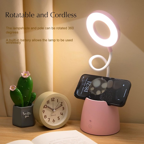 Fällbar LED-skrivbordslampa med pennhållare med fjärrkontroll och timerfunktion för ögonskydd Rosa Versión de control remoto