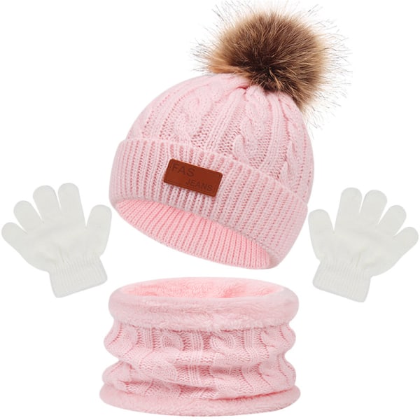 Pehmeä vaaleanpunainen valkoinen set Lasten hattu huivi hansikas kolmiosainen set