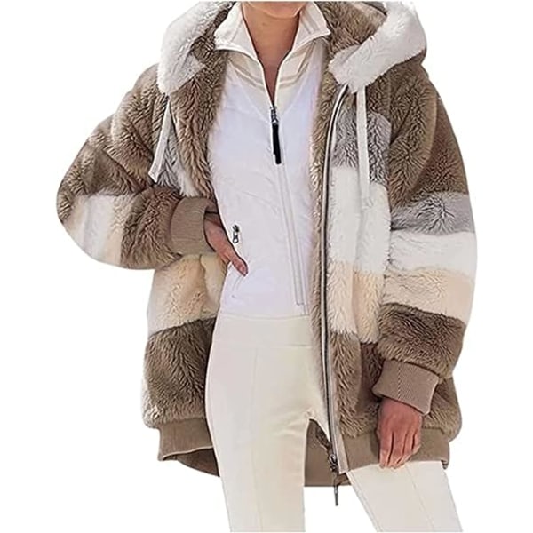 Khaki M storlek Höst/vinter varm plysch patchwork dragkedja lös jacka med luva khaki M