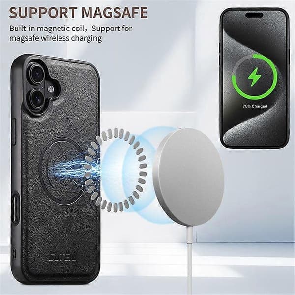 Magnetiskt skal för iPhone 16 Plus med kortfack, läderbaksida med kohudstextur