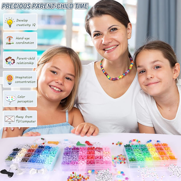 4700 stk, 72 farger Pony Perler Regnbue Kandi Perler for Armbåndsett, 3600 stk 9 mm plastperler og 1000 stk bokstavperler, Alpha Svart
