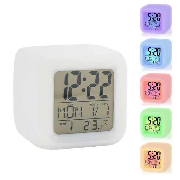 LED-väckarklocka Sängbord 7 färger Display Digital klocka Barnväckarklocka med Snooze-funktion Nattljus Temperatur Tid Datum